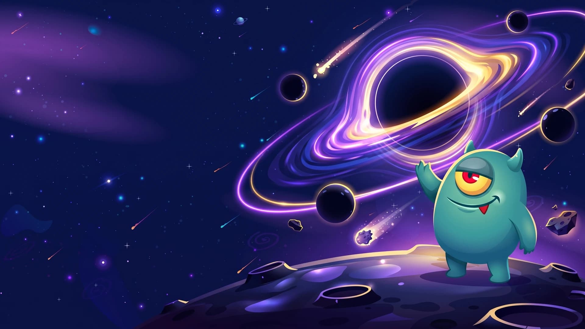 The BetGalaxy365 monster gazing up at a black hole ringed with violet and gold light