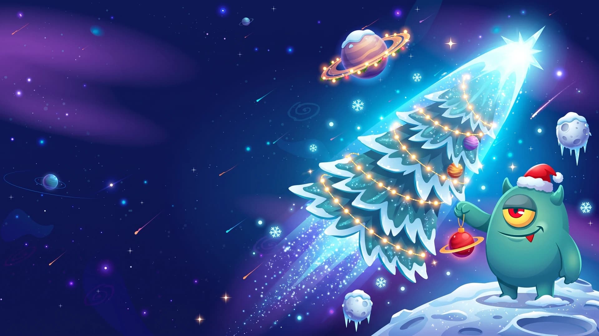 The BetGalaxy365 monster in a Santa hat, hanging a planet ornament on a comet shaped like a Christmas tree