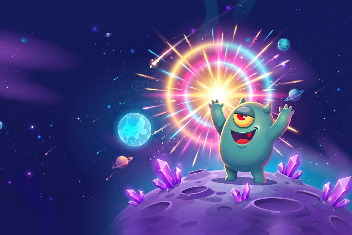 The BetGalaxy365 monster opening a treasure chest beneath a swirling galaxy of coins and gems