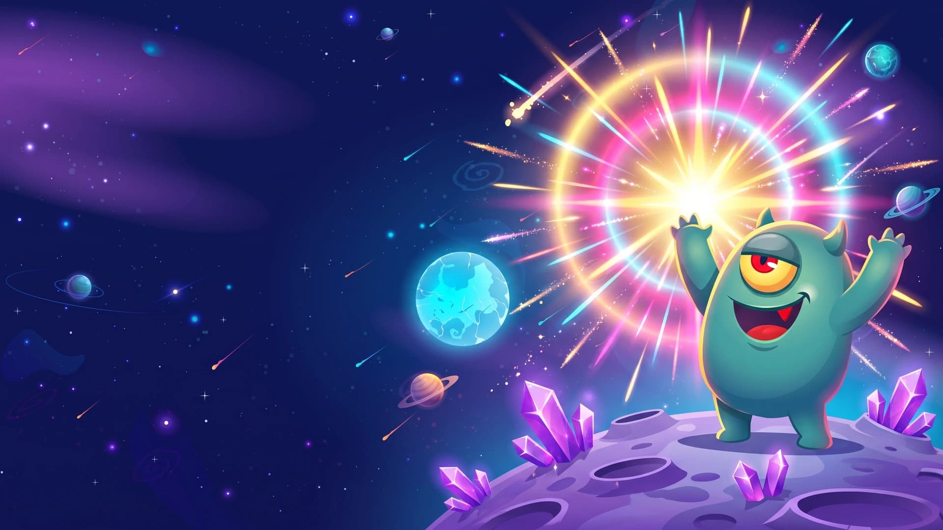 The BetGalaxy365 monster opening a treasure chest beneath a swirling galaxy of coins and gems
