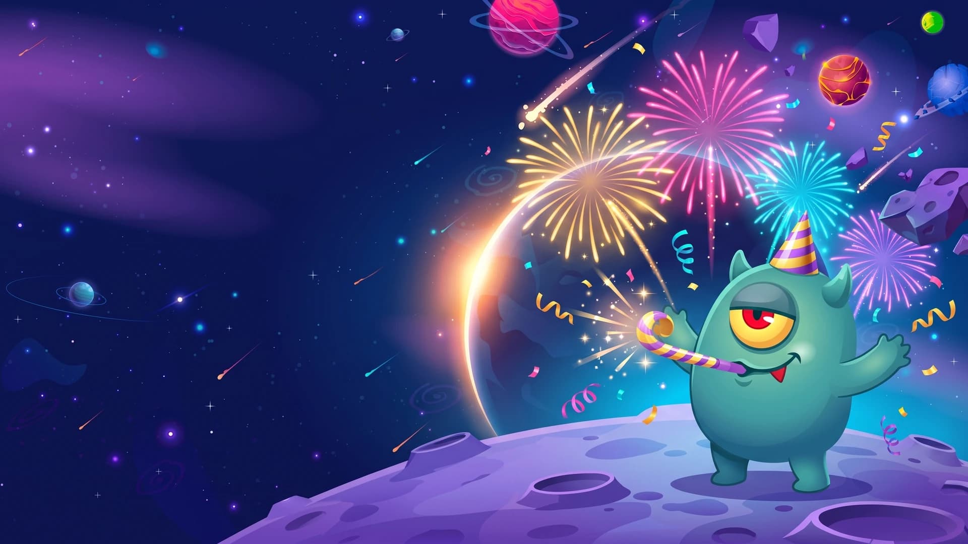The BetGalaxy365 monster in a party hat, blowing a party horn under bursting fireworks