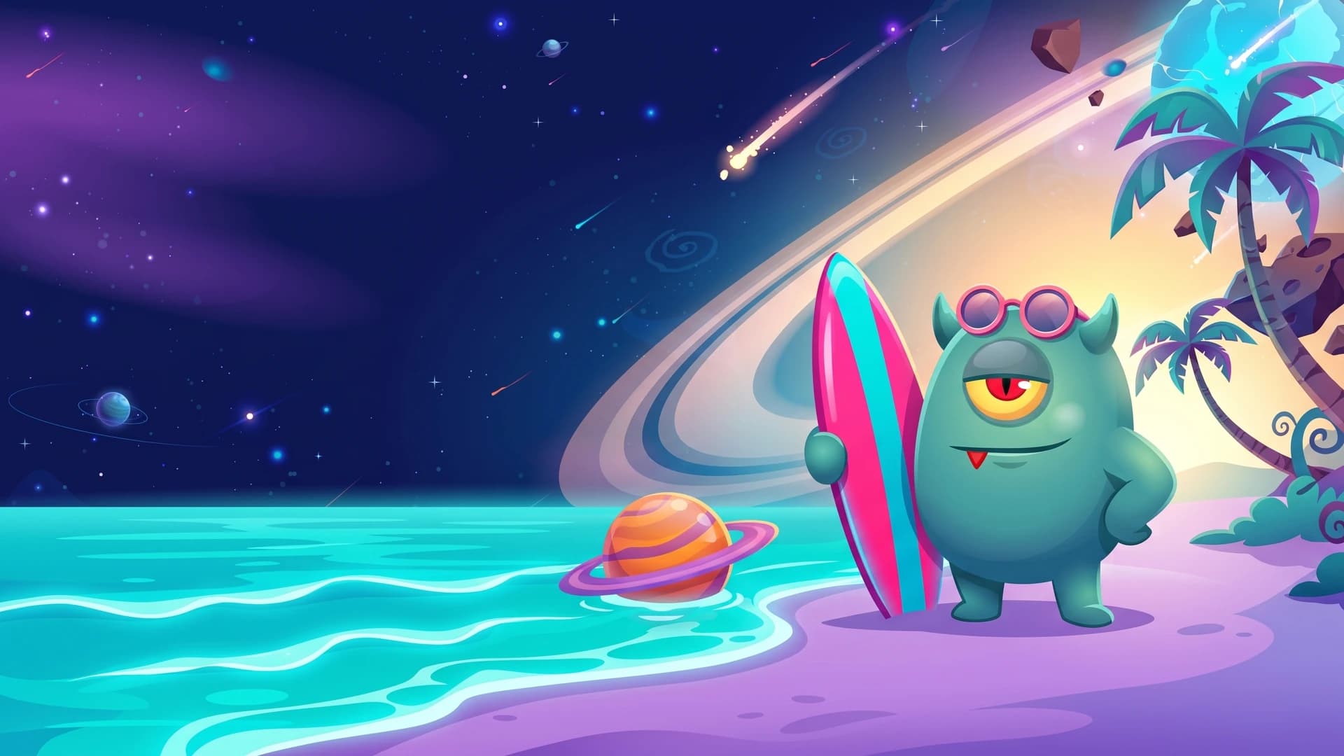 The BetGalaxy365 monster with sunglasses and a surfboard on a tropical alien beach under planetary rings