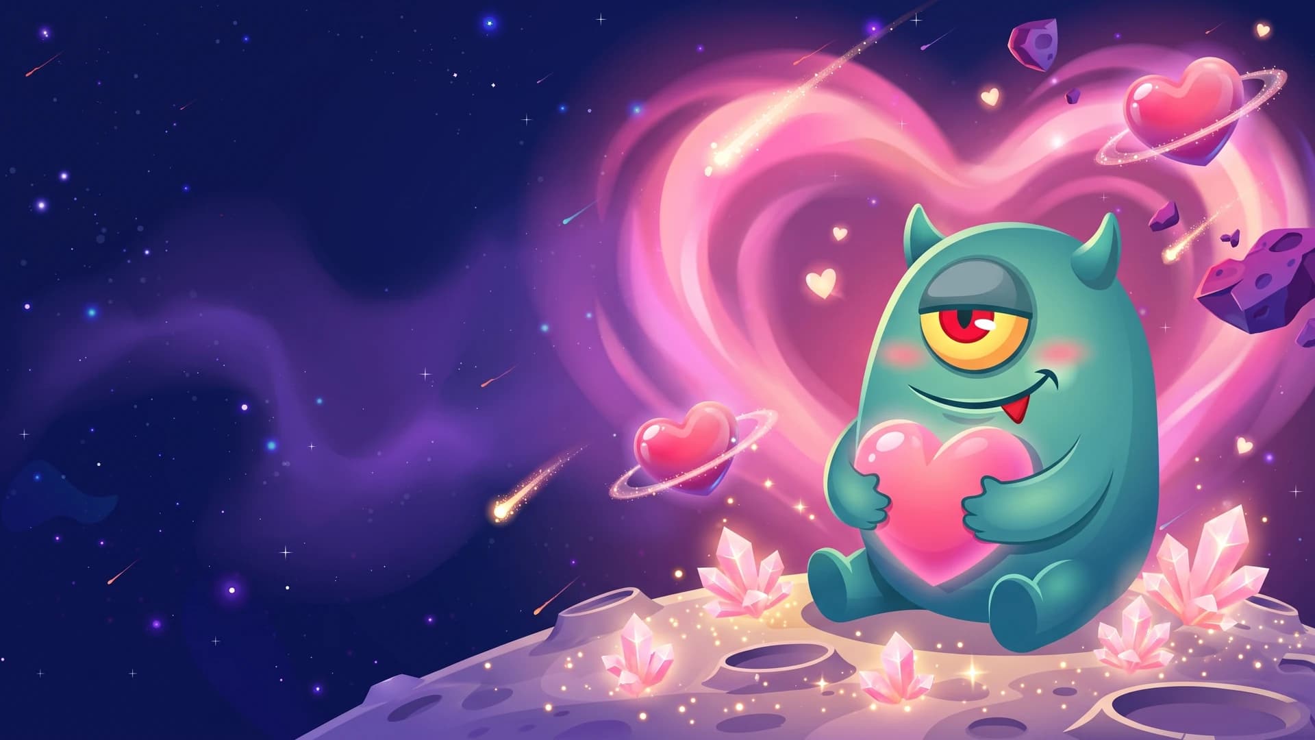 The BetGalaxy365 monster hugging a glowing pink heart beneath a heart-shaped nebula